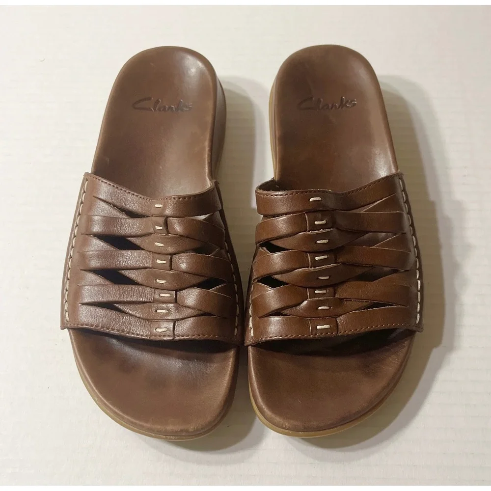 Clarks Woven Slide Sandals Womens 7M Brown Leather Slip On Woven Shoes Vacation